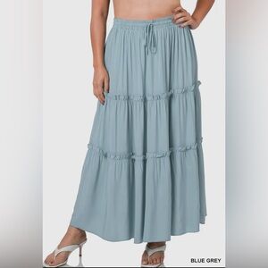 Boho Plus Woven Drawstring Tiered Ruffle Maxi Skirt